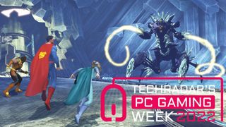 Superman and other heroes facing off against a monster in DC Universe Online.
