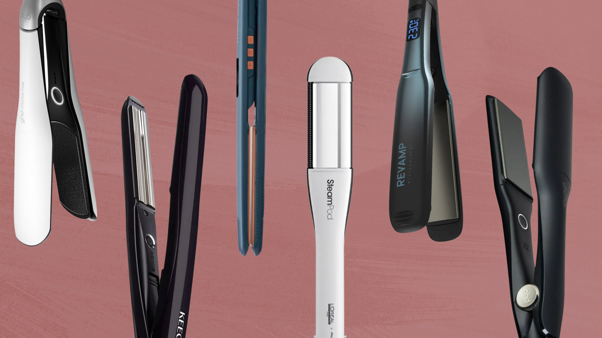 Collage of six of the best straighteners for thick hair from (left to right) ghd, Keeo, mdlondon, L'Oreal Professionnel, Revamp and ghd, set against a dark pink watercolour background