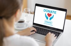 Woman using laptop with donation interface on screen showing heart and hands icons for charity support.
