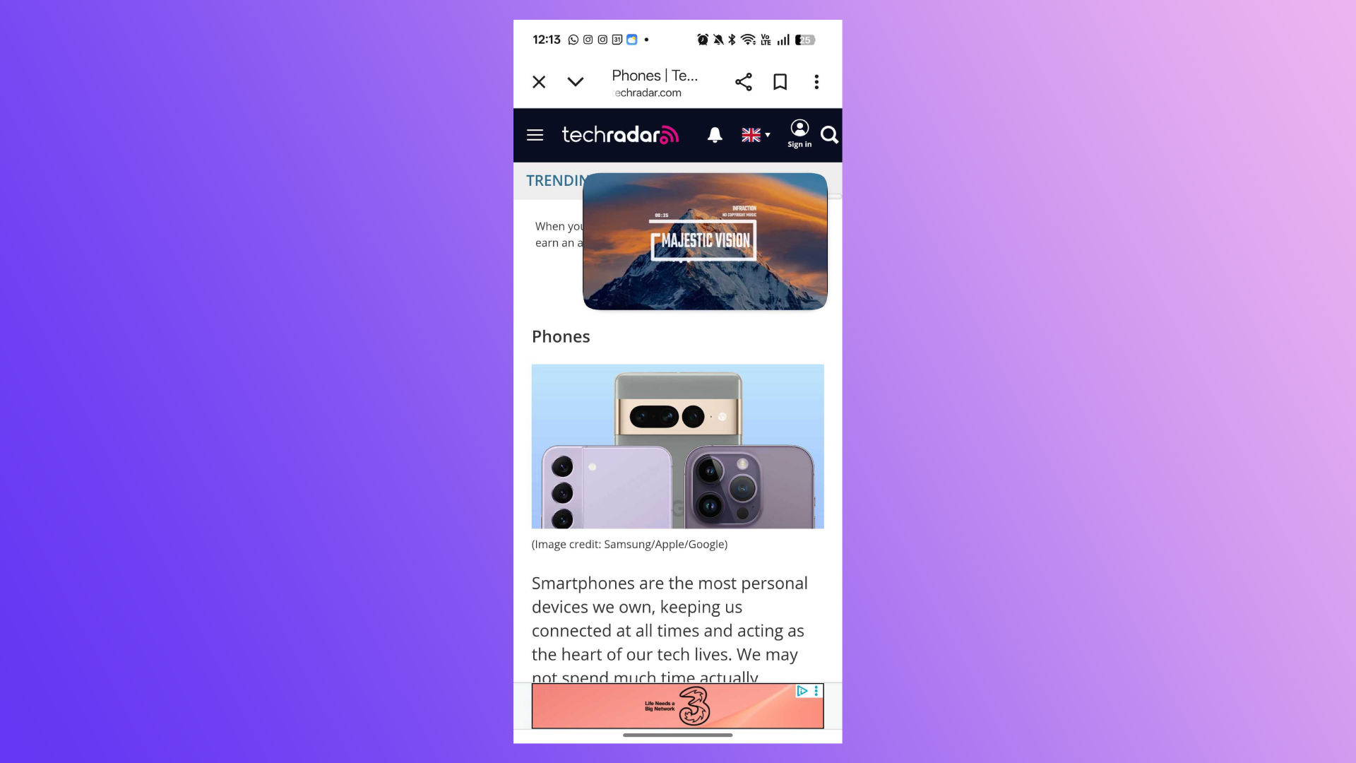 A screenshot of TechRadar&#039;s Phones page with YouTube picture-in-picture overlaid