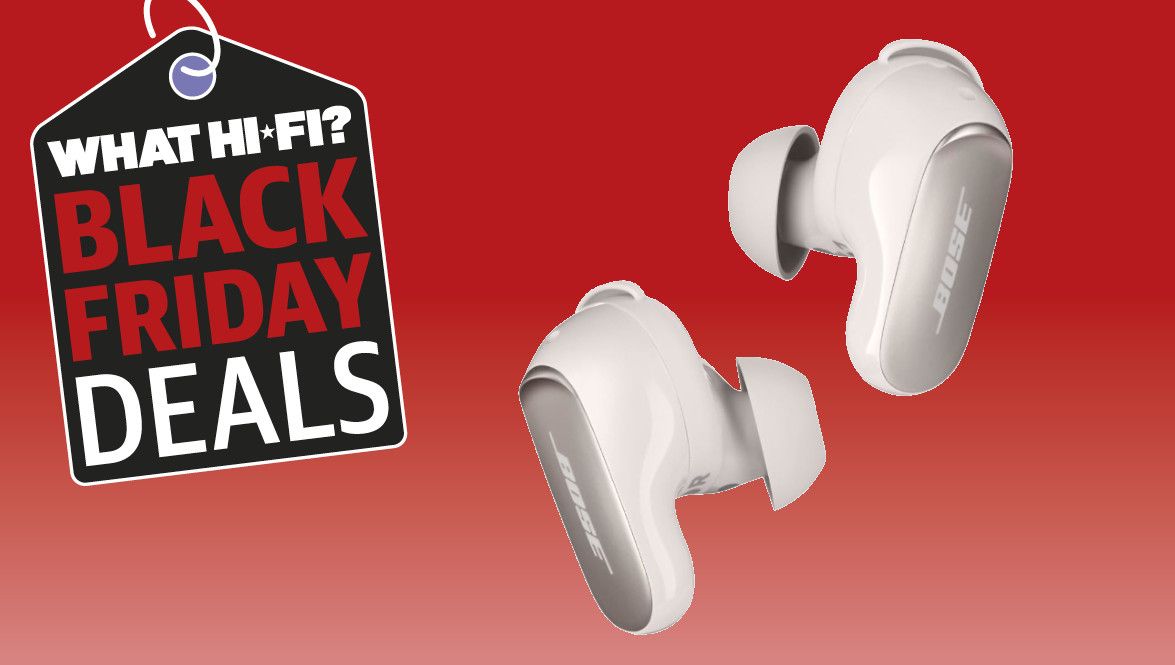 Bose QuietComfort Ultra Earbuds in White Smoke on a red background with a Black Friday Deals Tag