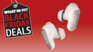 Bose QuietComfort Ultra Earbuds in White Smoke on a red background with a Black Friday Deals Tag