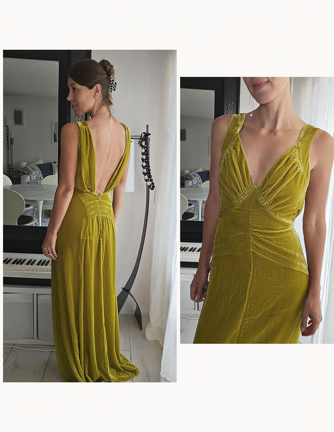 Judith Jones in a gold velvet dress