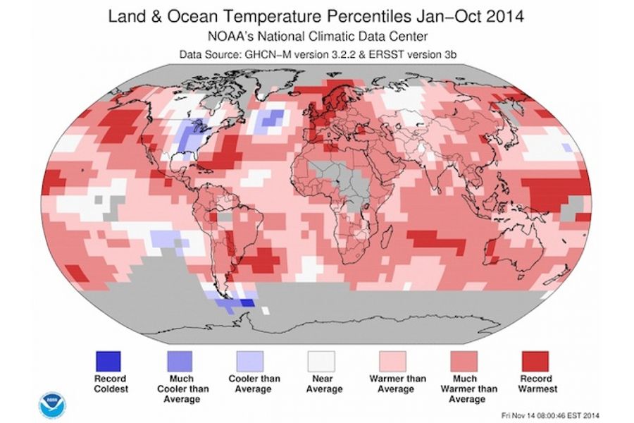 Land/ocean temperature percentiles partial 2014