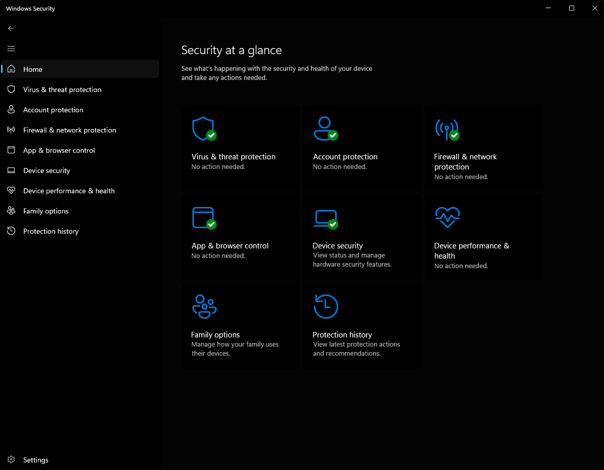 A screenshot of the Windows Security application showing a black background. It features a navigation panel on the left with menu options and a central area displaying various security categories.