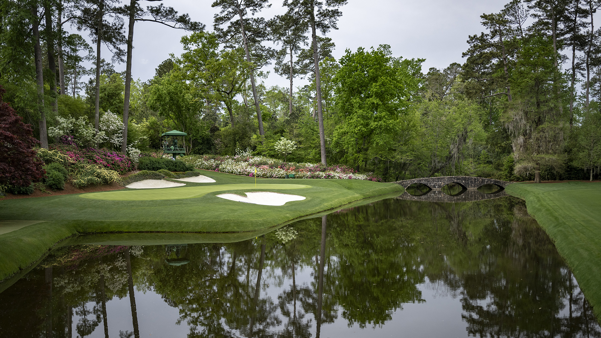 The No. 12 green behind Rae's Creek during a practice round prior to the Masters at Augusta National Golf Club, Sunday, April 05, 2026.. (Photo by Andrew Jowett/Augusta National/Getty Images)