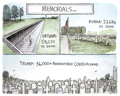 Political Cartoon U.S. Trump coronavirus memorial