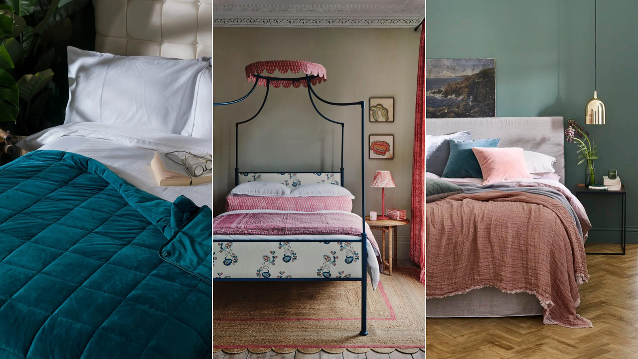 3 images of beds featuring blankets