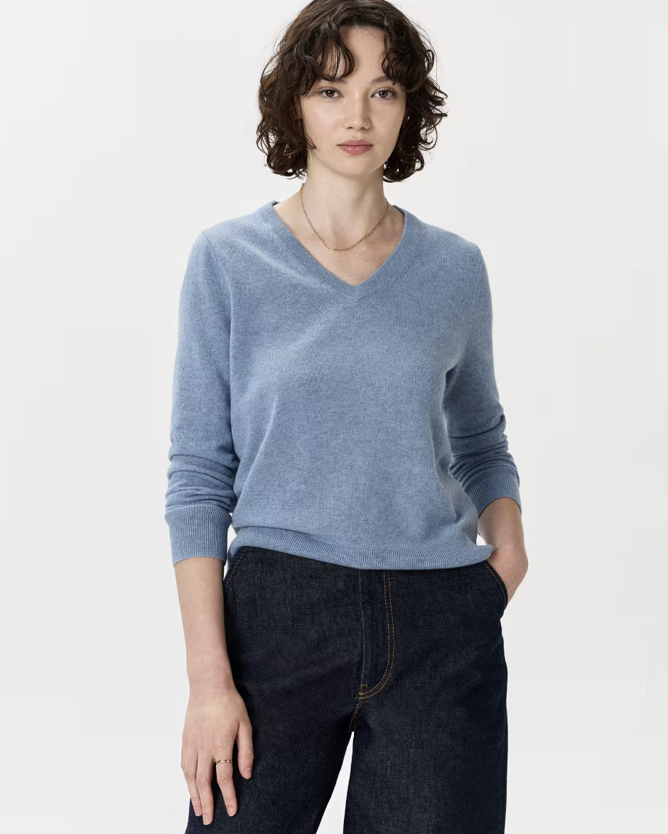 Quince, The Cashmere V-Neck Sweater | Quince in Faded Denim