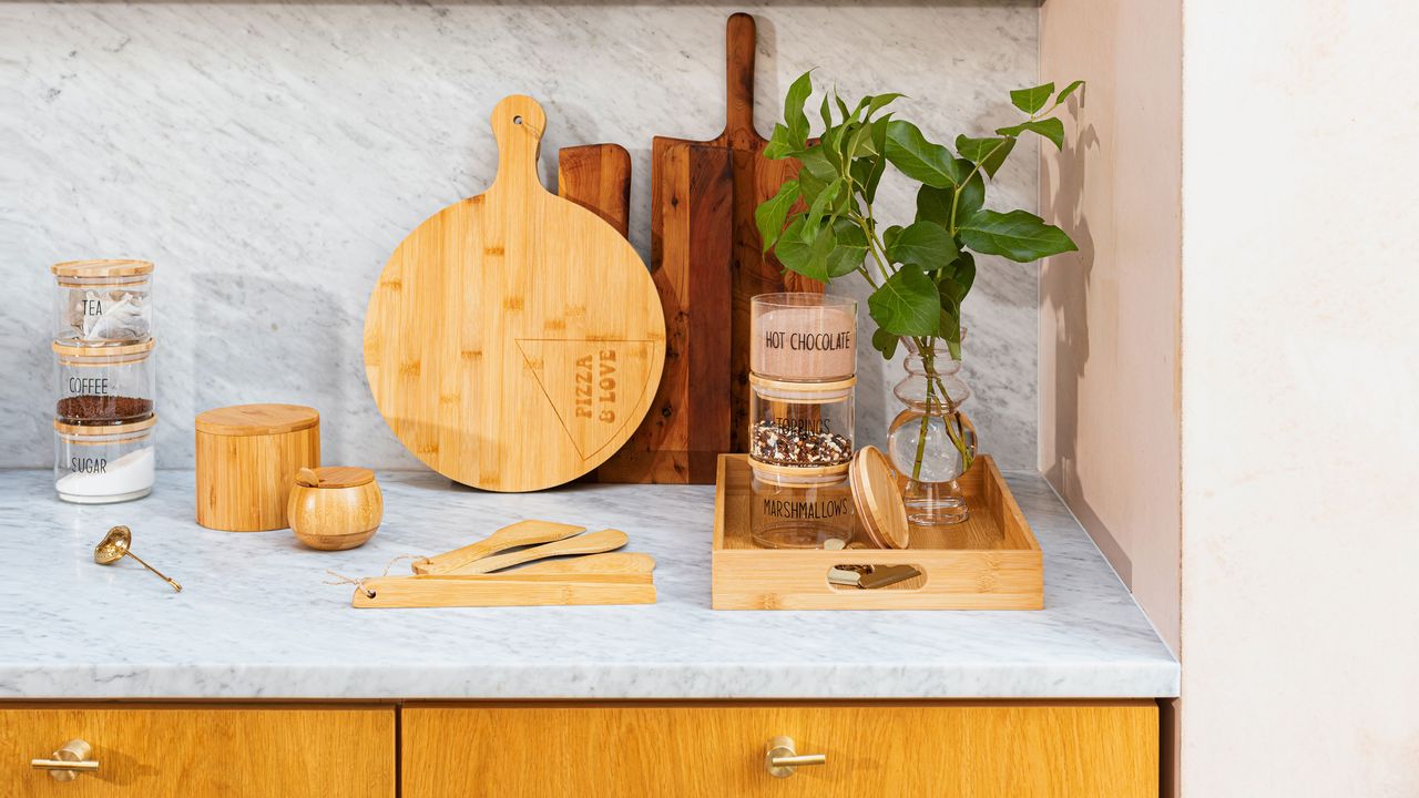 Cozy coffee nook with tea and coffee storage jars and wooden boards