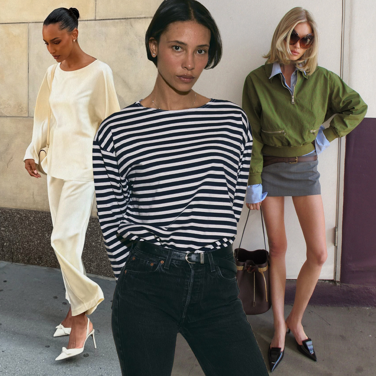 A collage of moms in L.A. wearing skirts and denim outfits.