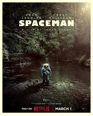 an astronaut in a spacesuit stands alone in a stream surrounded by forest