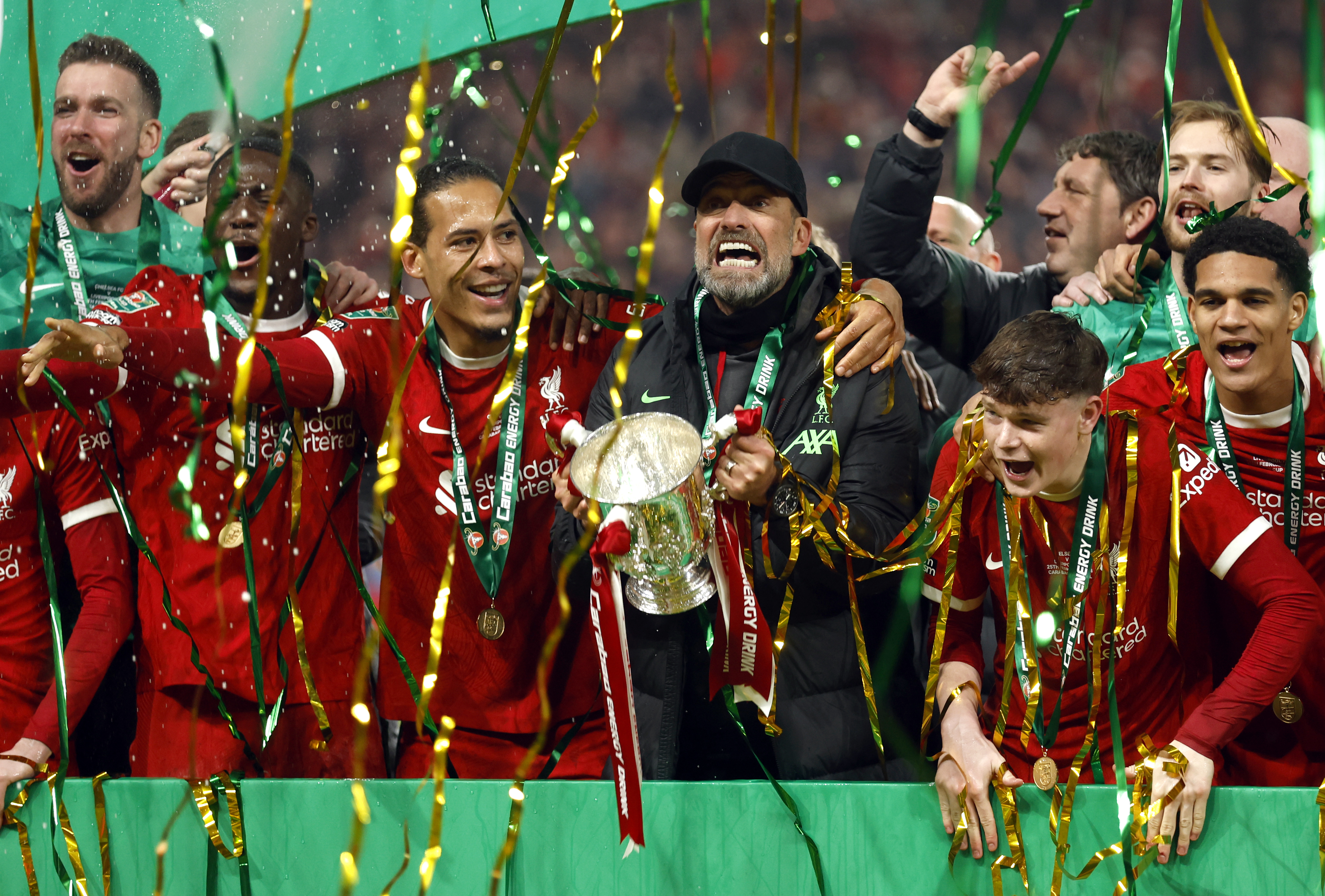 Liverpool players and manager Jurgen Klopp celebrate League Cup final victory over Chelsea in February 2024.