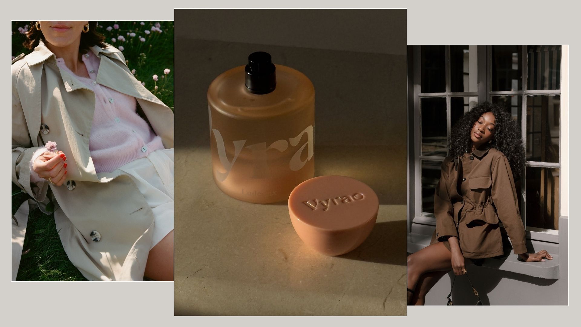 A collage with influencers and a bottle of Vyrao perfume