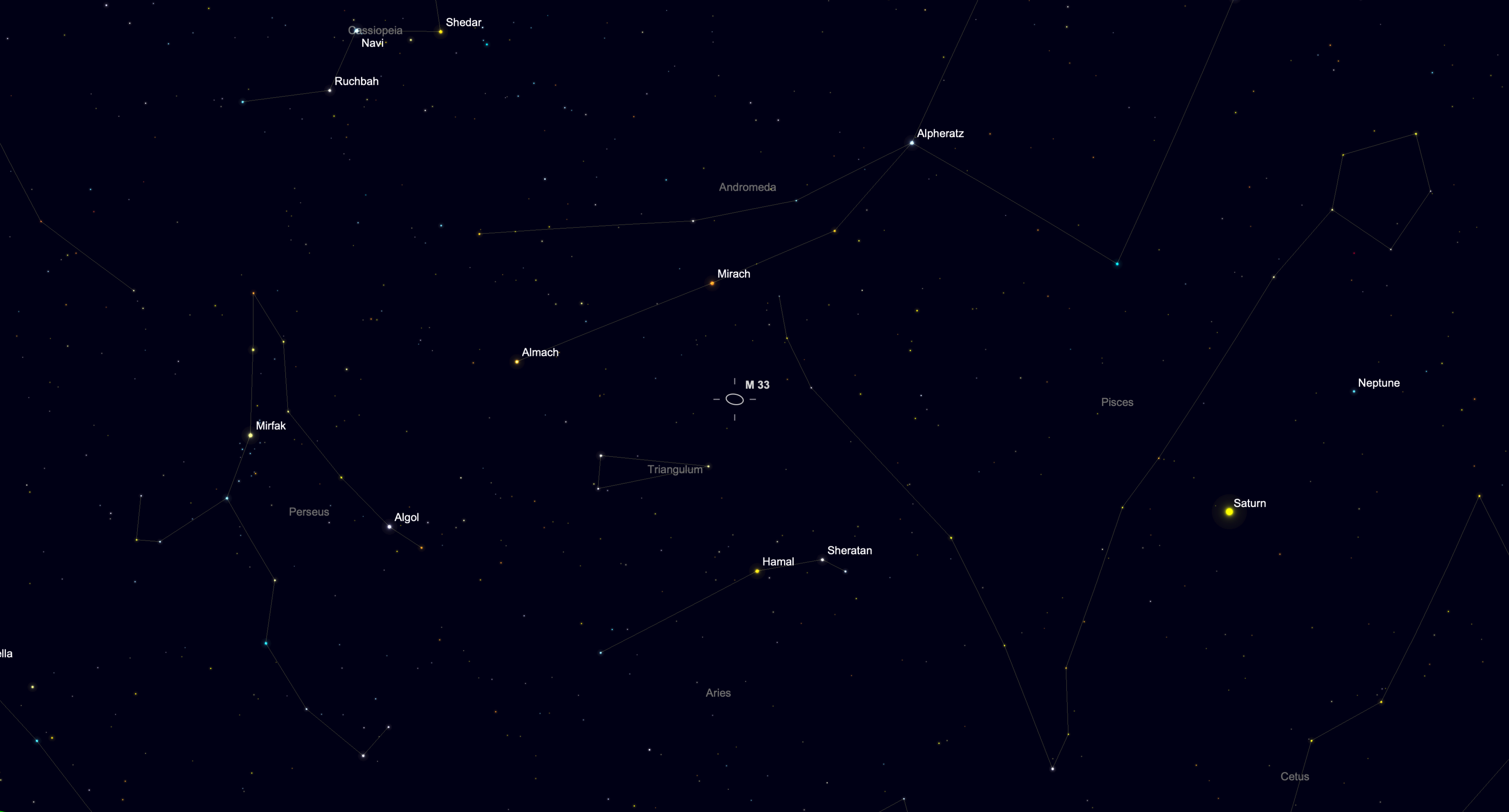 Star chart showing the location of the Triangulum Galaxy (M33) between the constellations Triangulum and Andromeda on Sept. 10, 2026.