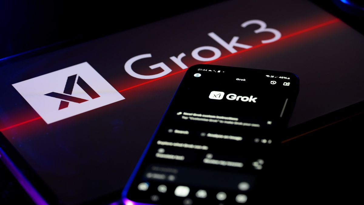 The Grok X AI app displays on a mobile phone with the Grok X AI logo, as seen in this photo illustration.