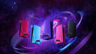 The official Galaxy themed Sony PS5 console faceplates against a starry background