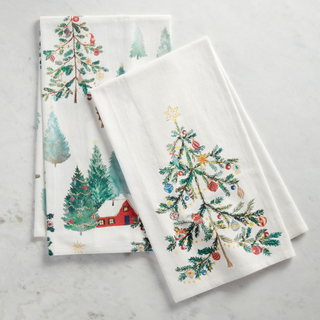 white kitchen towels with a country christmas scene