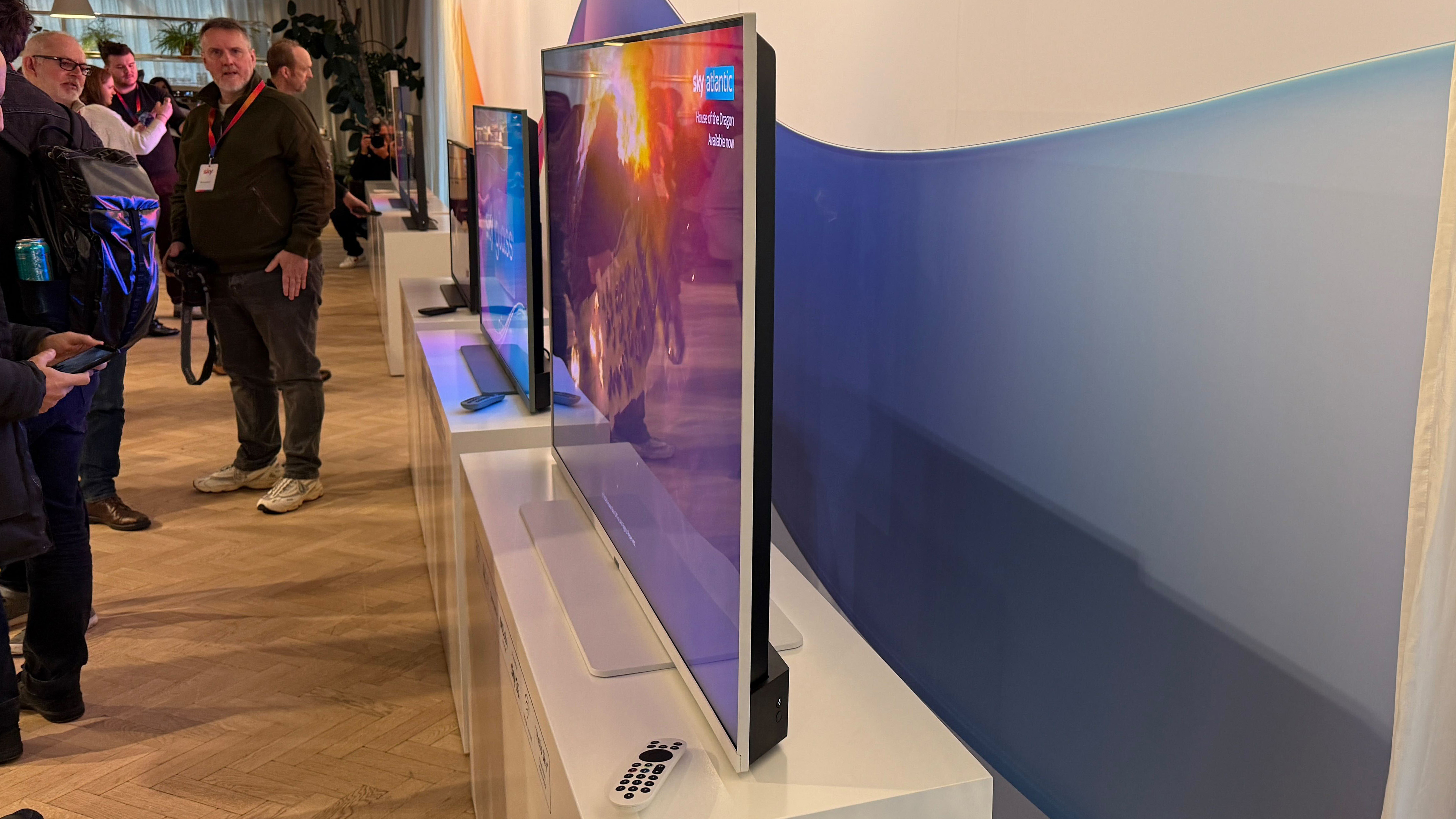 The Sky Glass Gen 2 TV sat on a plinth in a preview room