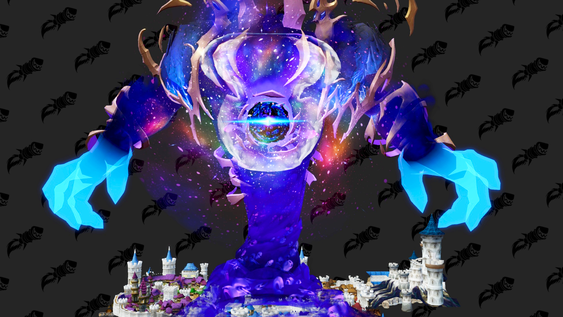 A World of Warcraft model viewer screenshot from Wowhead of the Dimensius boss who looks like a gigantic purple creature with a galaxy in its center. He&#039;s standing over the capital city of Stormwind.