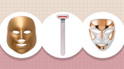 A collage of the best red light therapy devices from MZ Skin, Solawave and Dr Dennis Gross in a cream and dusky pink template