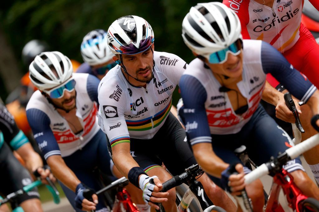 Team Deceuninck Quicksteps Julian Alaphilippe of France rides in the breakaway during the 11th stage of the 108th edition of the Tour de France cycling race 198 km between Sorgues and Malaucene on July 07 2021 Photo by Thomas SAMSON AFP Photo by THOMAS SAMSONAFP via Getty Images
