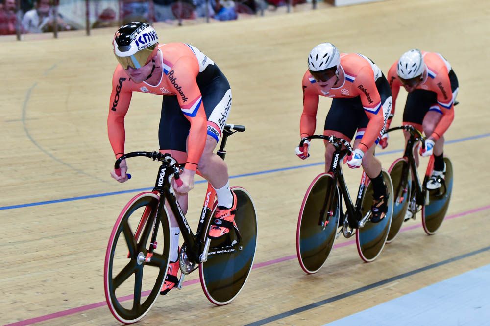 Nils Van Hoenderdaal, Jeffrey Hoogland and Hugo Haak riding to team sprint gold
