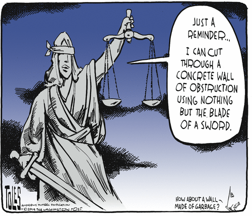 Political Cartoon U.S. Lady Liberty Cut Through Obstruction With Sword ...