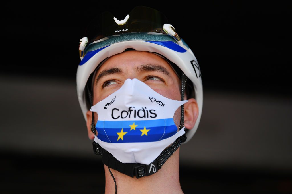 BEZIERS FRANCE AUGUST 01 Start Elia Viviani of Italy and Team Cofidis European Champion Jersey Covid Safe measures Team Presentation during the 44th La Route dOccitanie La Depeche du Midi 2020 Stage 1 a 187km stage from Saint Affrique to Cazouls ls Bziers RouteOccitanie RDO2020 on August 01 2020 in Beziers France Photo by Justin SetterfieldGetty Images