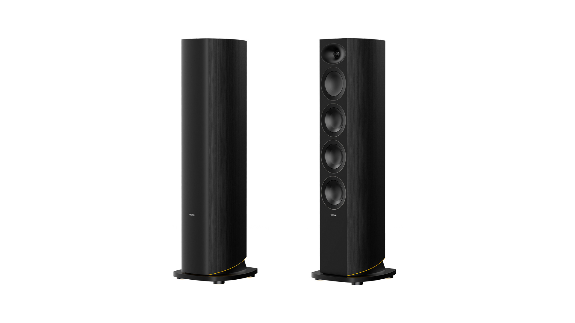 Arcam Radia R35 floorstanding speakers on a white background