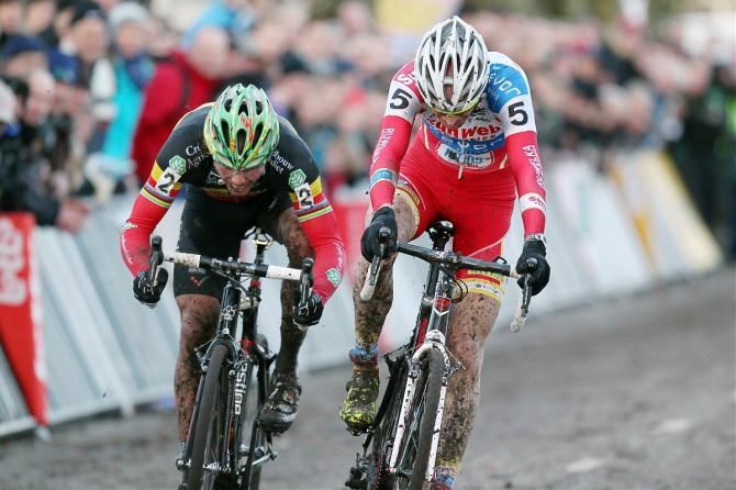 Klaas Vantornout (Sunweb-Revor), right, holds off a charging Sven Nys to win Superprestige Gieten.
