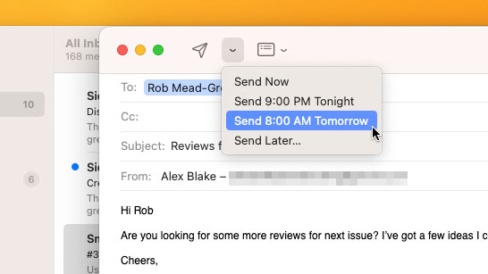 The 'send later' dialog box in the Mail app in macOS Ventura.