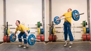 Man demonstrates two positions of the snatch high pull