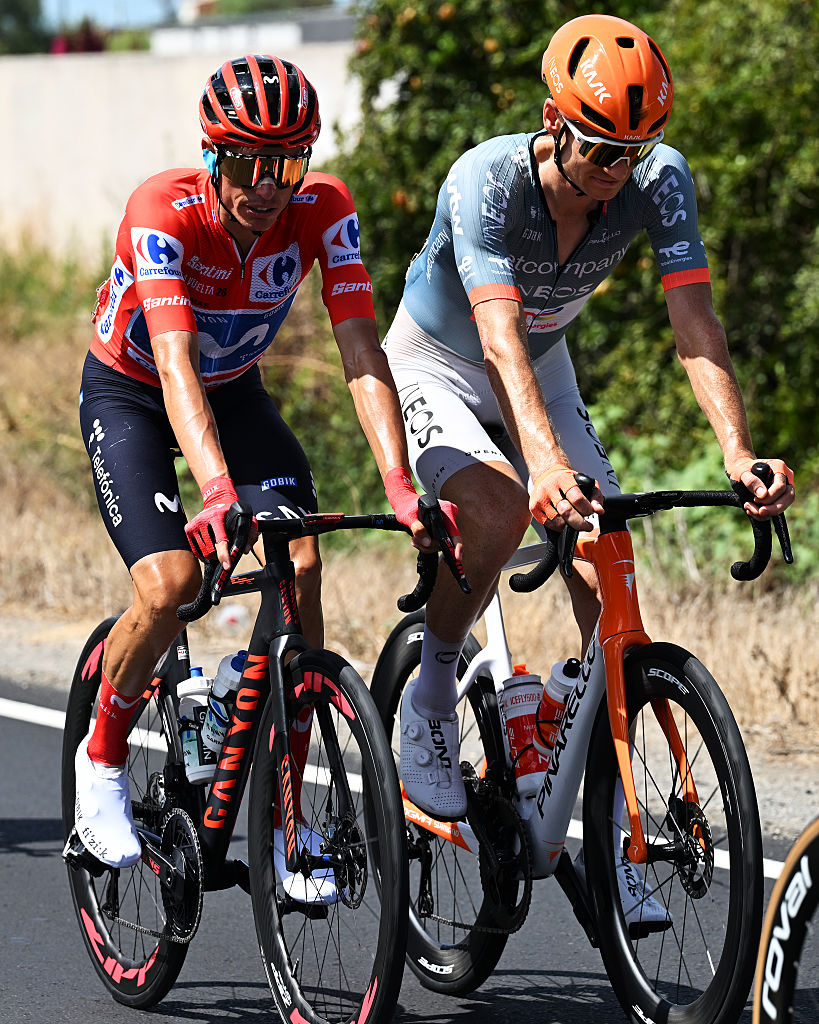 SEVILLA, SPAIN - SEPTEMBER 09: (L-R) Enric Mas of Spain and Movistar Team - Red Leader Jersey and Jack Haig of Australia and Netcompany INEOS Cycling Team compete during the La Vuelta - 81st Tour of Spain 202, Stage 17 a 185km stage from Dos Hermanas to Sevilla / #UCIWT / stage from on September 09, 2026 in Sevilla, Spain. (Photo by Tim de Waele/Getty Images)