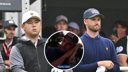 Si Woo Kim and Wyndham Clark line up ahead of the fourball matches on day three of the 2024 Presidents Cup