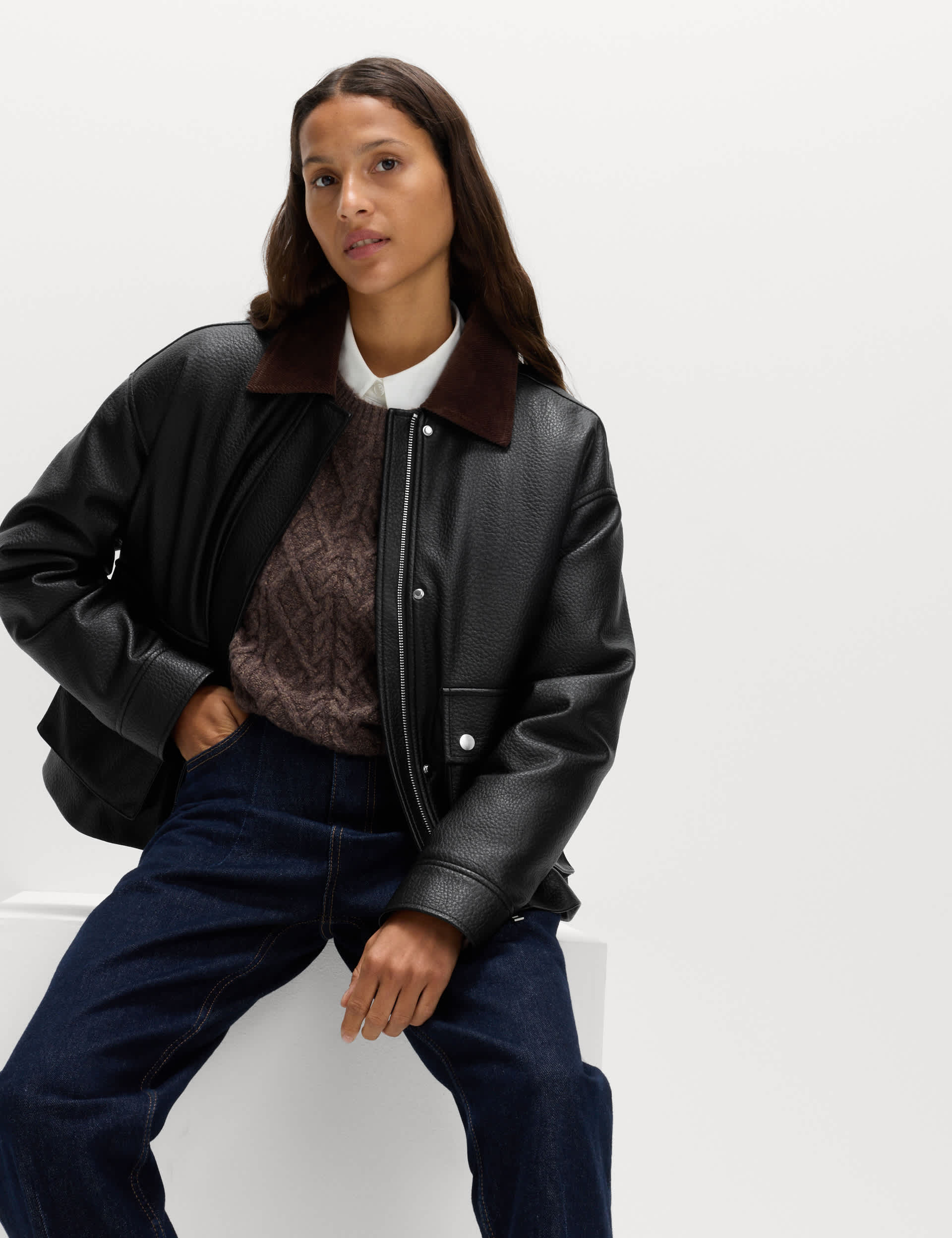 Faux Leather Padded Corduroy Collar Jacket