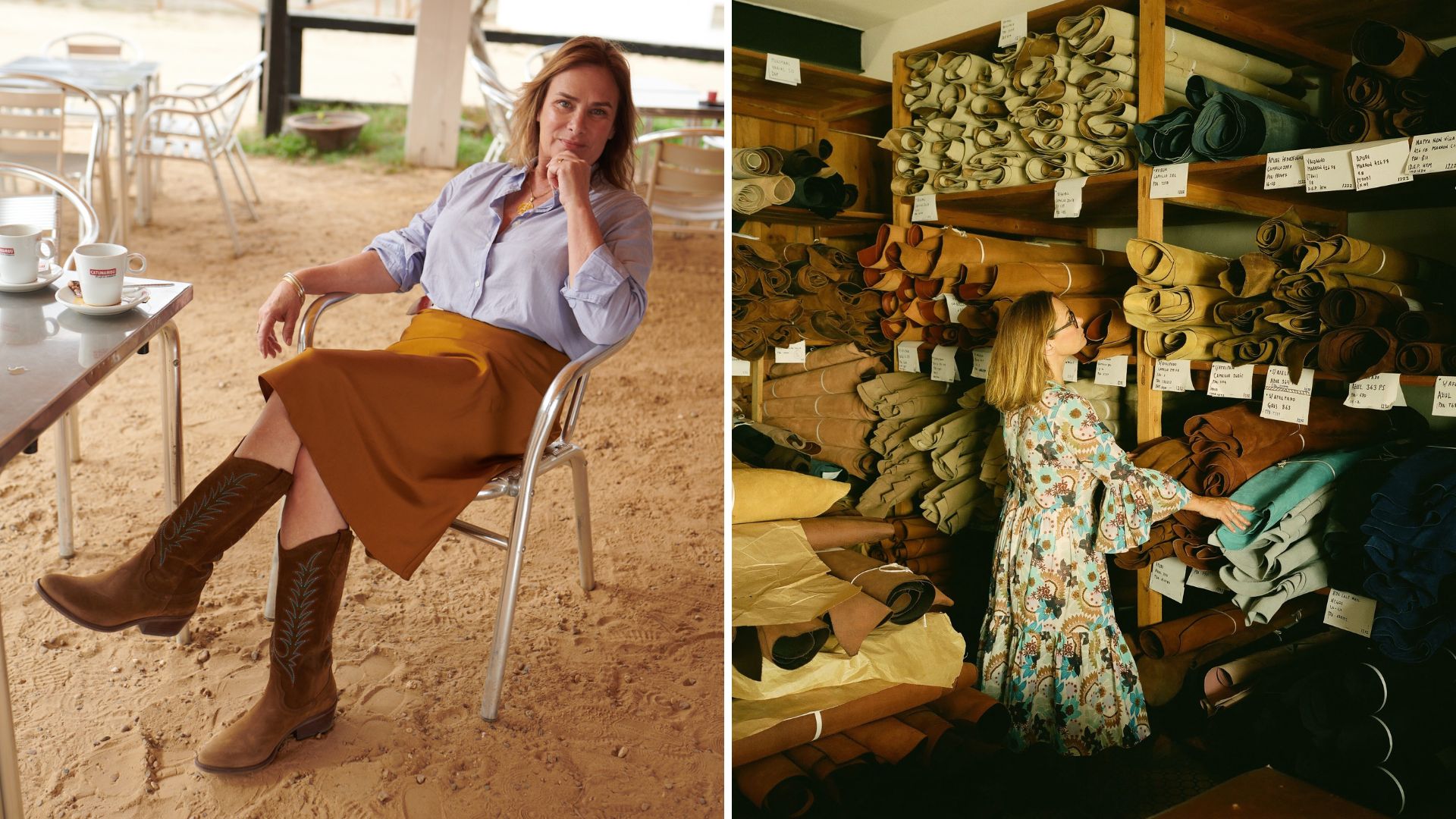 Penelope Chilvers wearing her riding boots on the left and in a warehouse looking at fabrics on the right