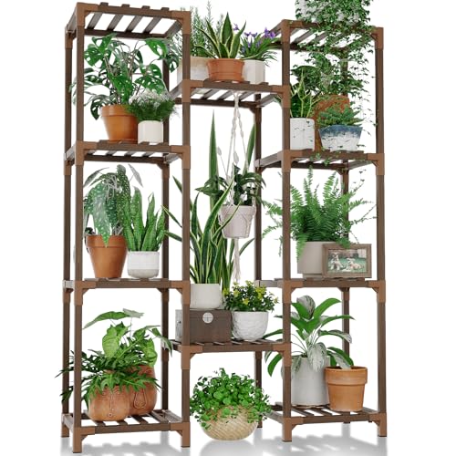 Bamworld Plant Stand Indoor Outdoor Tall Plant Shelf for Multiple Plants Pots Wood Flower Stand Large Flower Holder for Living Room, Patio, Balcony, Garden Decor, Brown