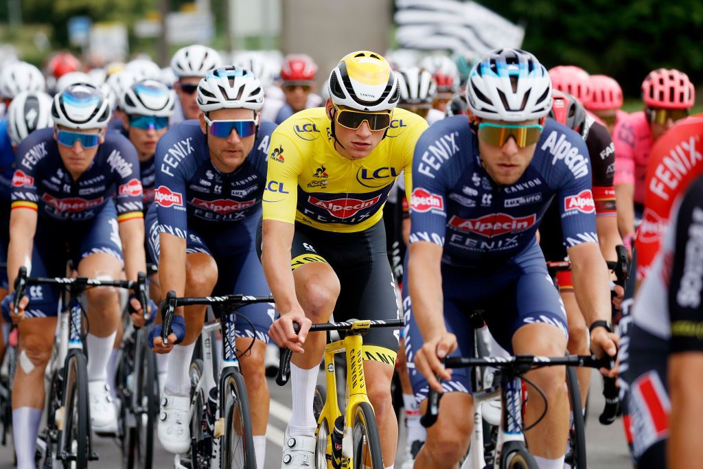 FOUGERES FRANCE JUNE 29 Mathieu Van Der Poel of The Netherlands and Team AlpecinFenix yellow leader jersey during the 108th Tour de France 2021 Stage 4 a 1504km stage from Redon to Fougres LeTour TDF2021 on June 29 2021 in Fougeres France Photo by Chris GraythenGetty Images