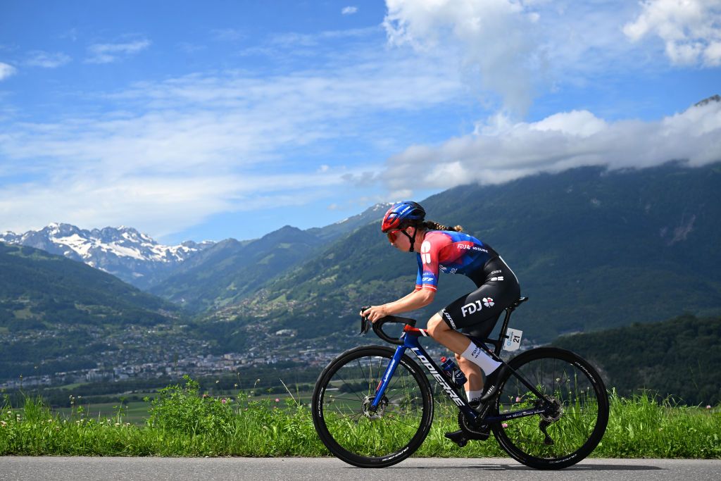 VILLARSSUROLLON SWITZERLAND JUNE 16 Cecilie Uttrup Ludwig of Sweden and Team FDJSuez sprints during the 4th Tour de Suisse Women 2024 Stage 2 a 157km individual time trial stage from Aigle to VillarssurOllon 1249m UCIWWT on June 16 2024 in VillarssurOllon Switzerland Photo by Tim de WaeleGetty Images