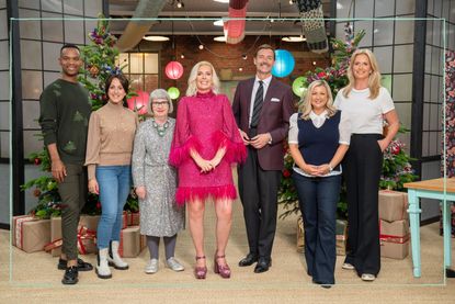 a still of the judges and contestants from The Great British Spelling Bee christmas special 2022