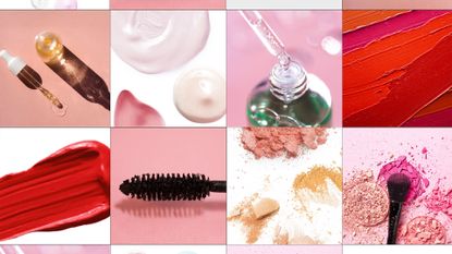 collage of makeup brands and products