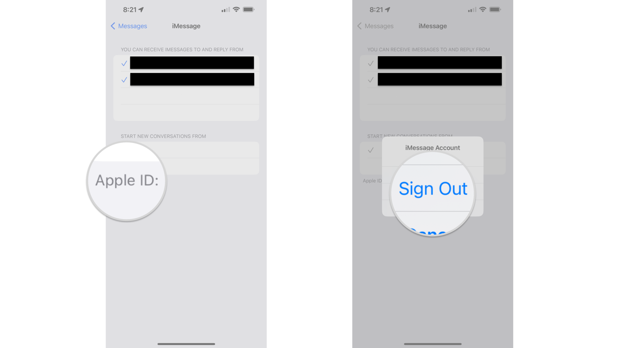 Как выйти из своего Apple ID в «Сообщениях» на iPhone, показав шаги: коснитесь своего Apple ID, коснитесь «Выйти».