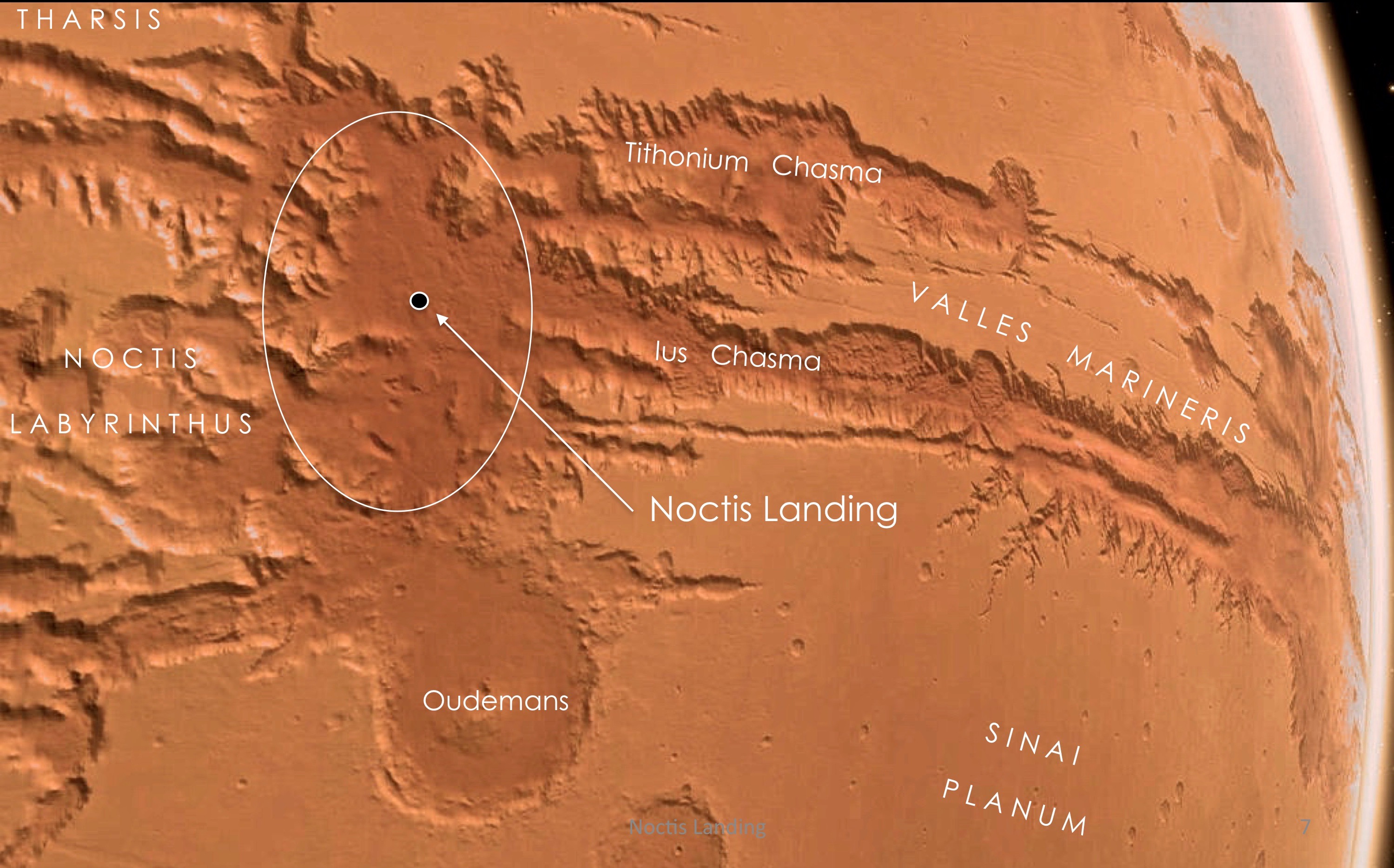 Noctis Landing on Mars es una región de transición aparentemente plana entre Noctis Labyrinthus y Valles Marineris propiamente dicho.