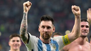 Argentina forward Lionel Messi celebrates after his team won the Qatar 2022 World Cup round of 16 football match between Argentina and Australia at the Ahmad Bin Ali Stadium in Al-Rayyan, west of Doha on December 3, 2022.