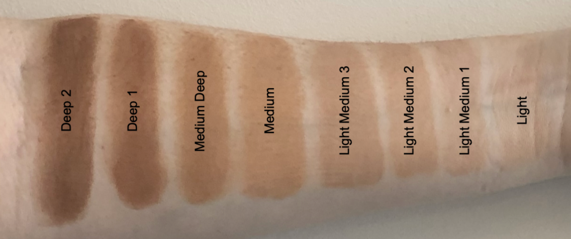 an arm with swatches of a foundation complexion product going from dark to light