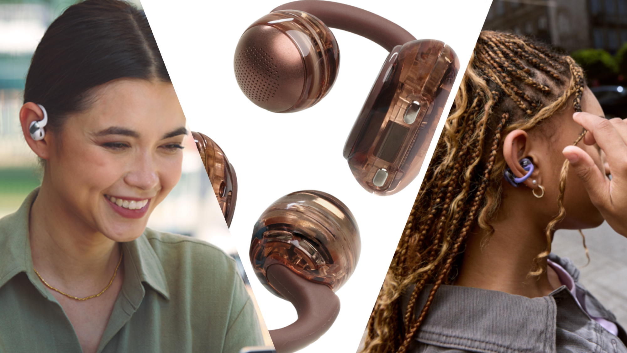JBL Trio of images featuring open-earbuds, worn by two women