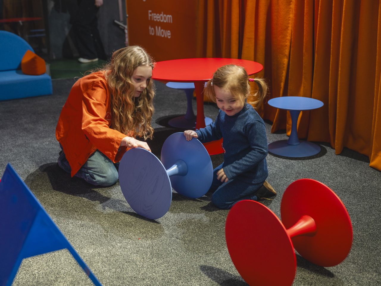 Red and blue exhibition spaces