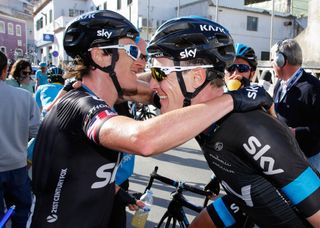 Geraint Thomas is congratulated by teammate Salvatore Puccio after winning Stage 2 of the 2015 Volta ao Algarve