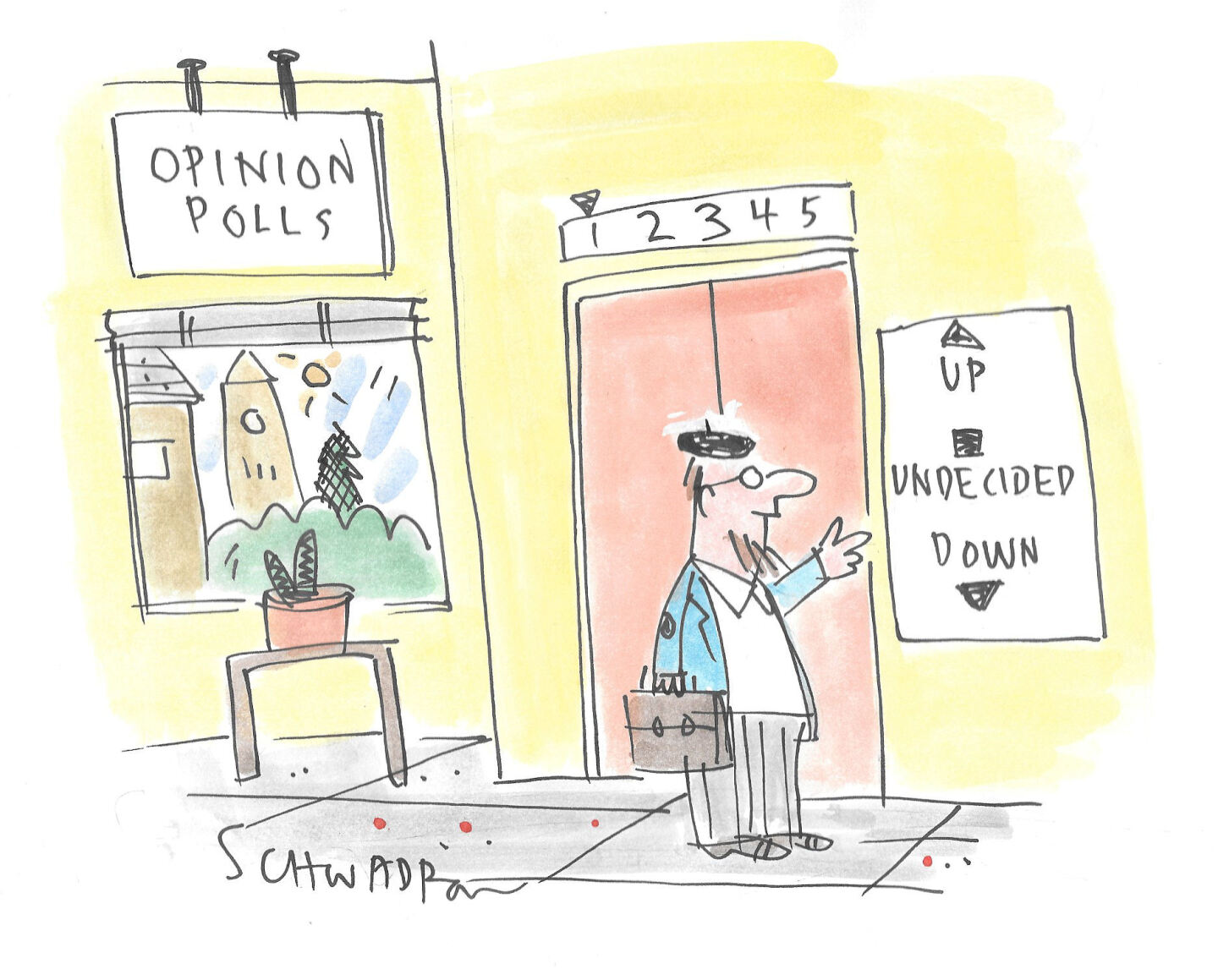 A man is about to board an elevator labeled "Opinion Polls.&amp;rdquo; The choices of buttons are &amp;ldquo;Up, Undecided, Down.&amp;rdquo;